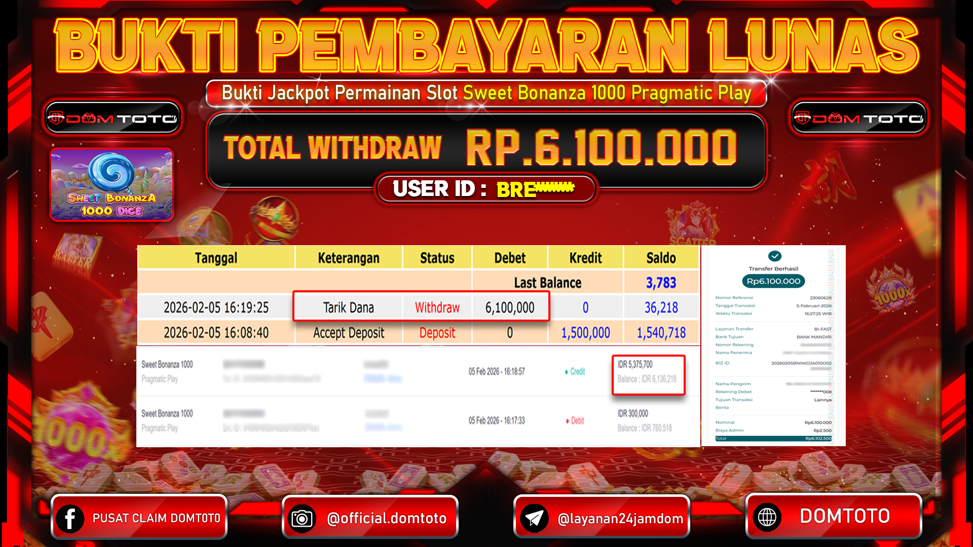 JACKPOT SLOT Sweet Bonanza 1000 Pragmatic Play 05 FEBRUARI 2026